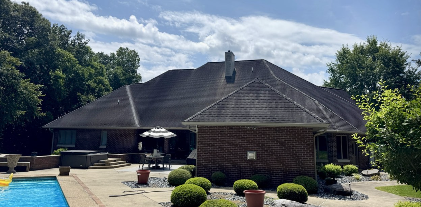 Roof Washing before: Roof wash with pool patio